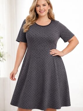 Lands' End Charcoal Short-Sleeve Fit & Flare Midi Dress with Dot Texture, 3X